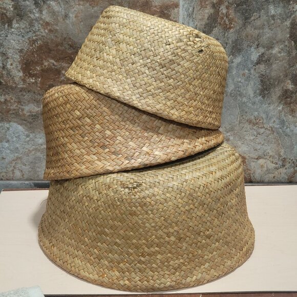Nested  Woven Seagrass Baskets Rounded Belly Foldable Handles Set of 3 - Picture 7 of 13